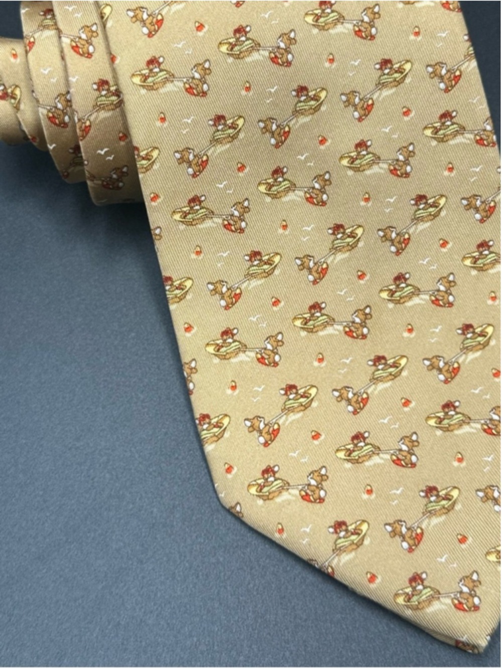 Salvatore Ferragamo Silk Tie Tan Brown Bunnies Driving a Boat Water Skiing